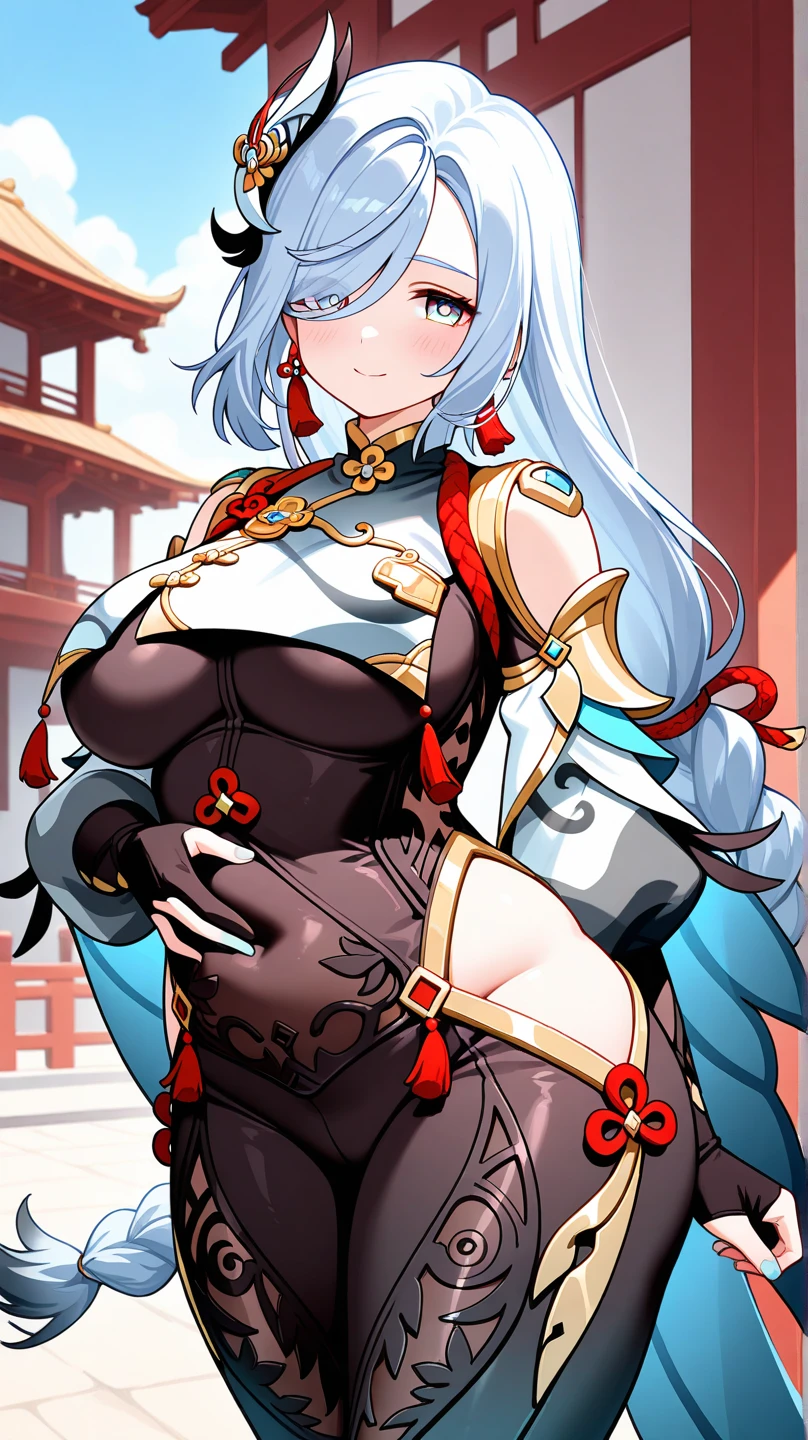 senti, silver hair, red eyes, hair ornament, multicolored hair, long_hair, gloves, breasts, 1girl, elbow_gloves, dress, navel, tail, mole, looking_at_viewer, jewelry, red_dress, bangs, black_hair, solo, large_breasts, mole_under_mouth, thighs, navel_cutout, earrings, red_gloves, chinese_clothes, china_dress, mole_under_eye, center_opening, bare_shoulders, arm_behind_head, shiny_skin, covered_nipples, revealing_clothes, lips, armpits, smile, huge_breasts, tied_hair, signature, hip_focus, shiny, rating:safe, underboob, parted_lips, blush, pelvic_curtain, simple_background, piercing