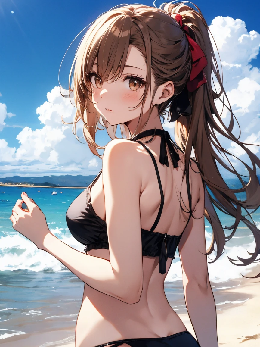 masterpiece, rich colors, Best quality, detailed, high resolution, Hyper quality, high detail, , High quality, detailing, skinny sexy girl on the beach , bright lighting , Brown eyes, anime, palm trees, bright lighting,