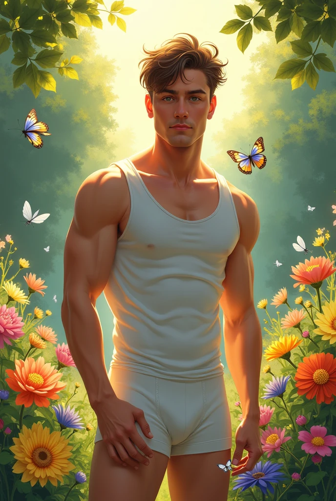 Torso of athletic young man with flowers around him and a magical atmosphere
