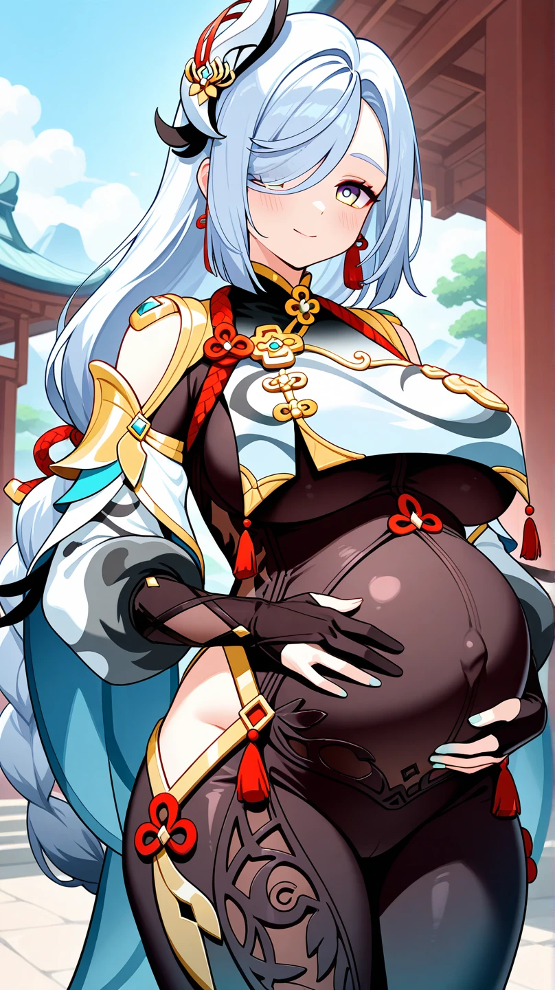 ((best quality, masterpiece, perfect anatomy, detailed picture)), furry, 1female, arctic ferret, sexy, long white hair, ponytail hair, grey eyes, black sclera, tail, samurai armor, red blushing, shy, in the cherry blossom trees, pregnant