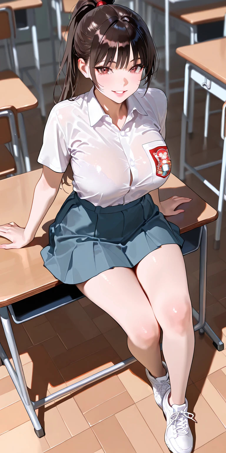 masterpiece, best quality, highres, aaitsuki, long hair, ahoge, star hair ornament, , red sweater, sweater vest, short sleeves, green skirt, pleated skirt, classroom, indoors,((woman on top,vaginal,sex))