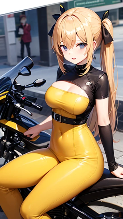masterpiece, best quality, ultra high res, ultra-detailed, in downtown alley, night, sakura kinomoto, (gigantic tits: 1.6), (dense pubic hair: 1.4), (wearing a black leather biker zippered bodysuit without underwear and a pair of black biker boots: 1.4), lewd face, ahegao, (she sit in a very vulgar way with her legs spread wide on a white sport motorbike and moaning while groping her tits: 1.6), sweating