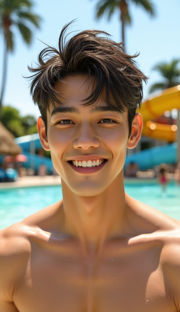 male Age 19 swimwear lifeguard topless smile