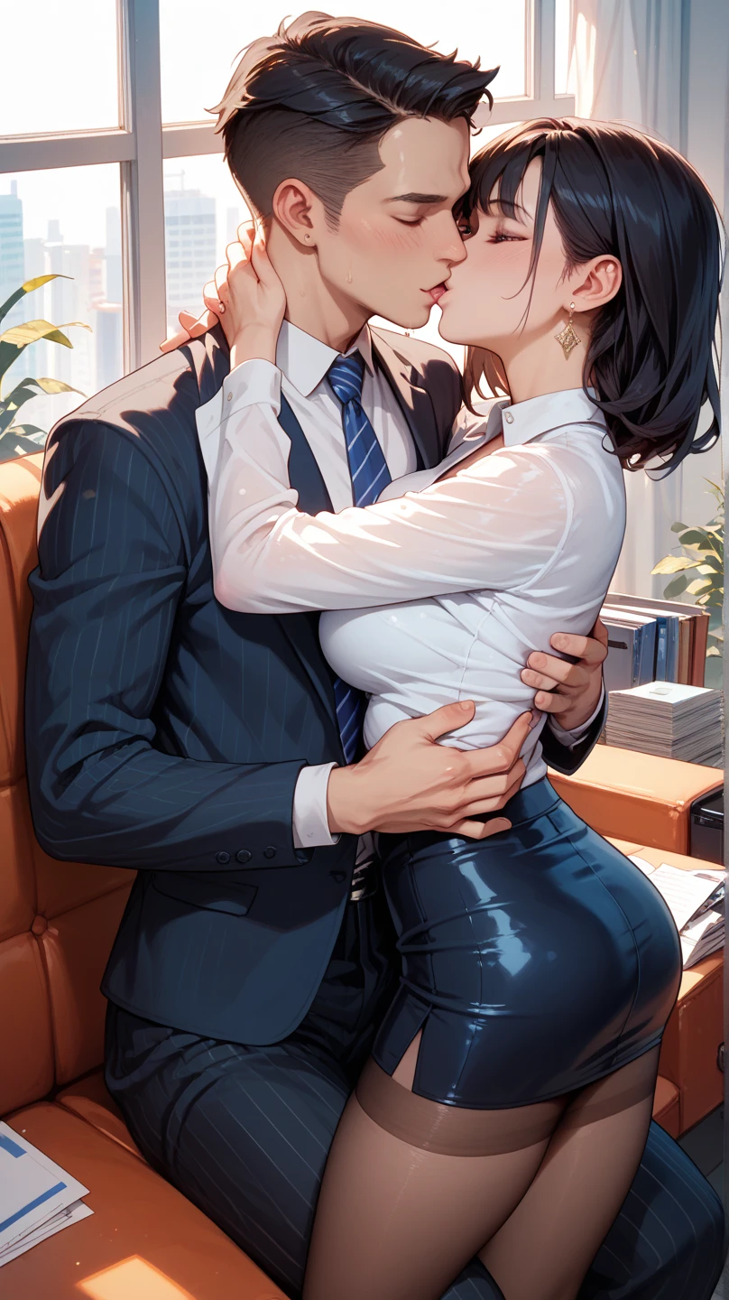 Digital art on your desk, digital illustrations, 4K, 8000 images, beautiful photos with great detail, sharp images, realistic original photos, perfect faces, perfect lines, perfect eyes, soft lighting. Also includes 1 woman (long black hair, professional hairstyle, positive attitude, beautiful, firm makeup, 23 year old woman: 1.3), secretary, 2 handsome men in suits (human, fit man, muscular, broad shoulders, adult male, boyish) hairstyle, British gentleman style, 30 year old man with nice expression, 28 year old man with bright smile: 1.2) appears.And a bright living room, couch, belly couch, kissing, couple, romance, intercourse, wet penis, penetration, rape, full body shot floods (woman and man having sex: 1.5), (human, adult male, female body contact: 1.2), blushing, shortness of breath, embarrassed, bored, greedy look, wet genitals, penetration, sex position: sitting with legs fully spread, clothes blowing in the wind, wet shirt, sheer black lace underwear, take off underwear, love hotel, vibrator included.
Man and woman are having sexual intercourse, intercourse. Man's wet genitals inserted into woman's genitals. Woman is in sex position with legs fully spread.