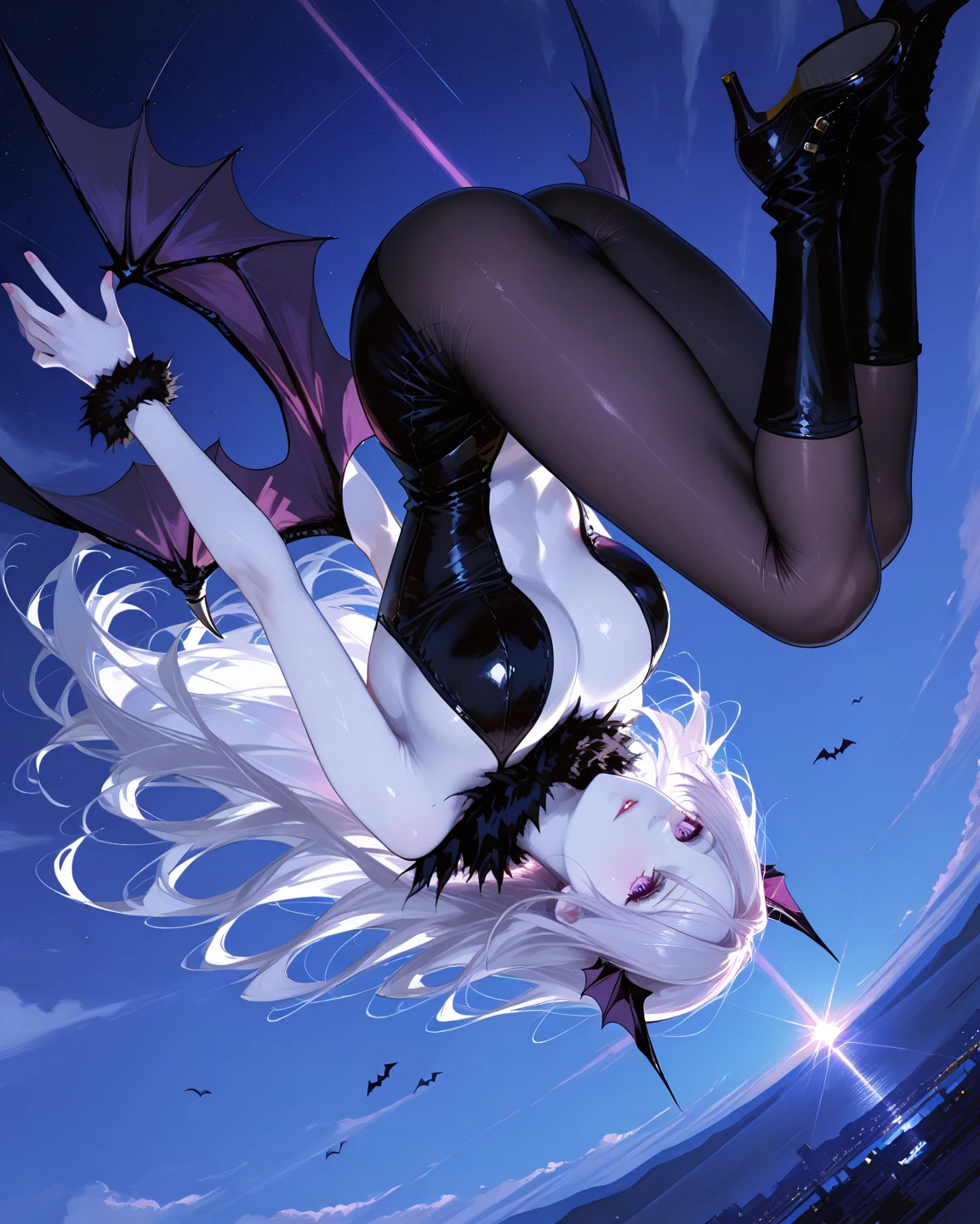 a smile　silber hair　Long　full body suits　seductiv　Morrigan Aensland　Sit up