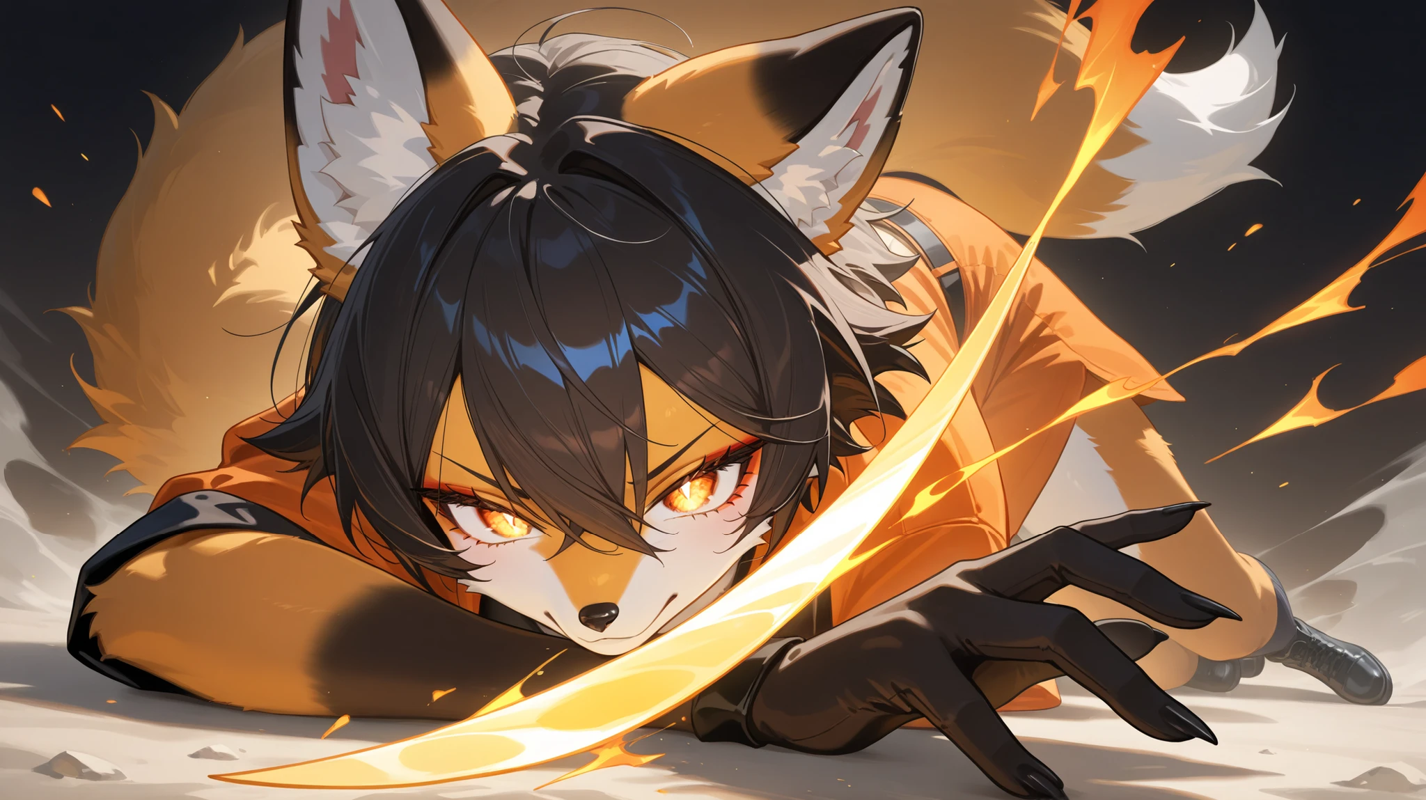 (masterpiece), Highest Quality, Newest, Hi-Res, very high resolution, ultra detail, Highly detailed, official art, Rich Colors, sharp contrast, detailed shading,Tomgirl with 1 fox, tomboy,fox furry, furry,, Perfect Anatomy, beautiful hands, solo,,dark hair expressive pose, simple background, full body , close-up, Dynamic View, dynamic action,from behind