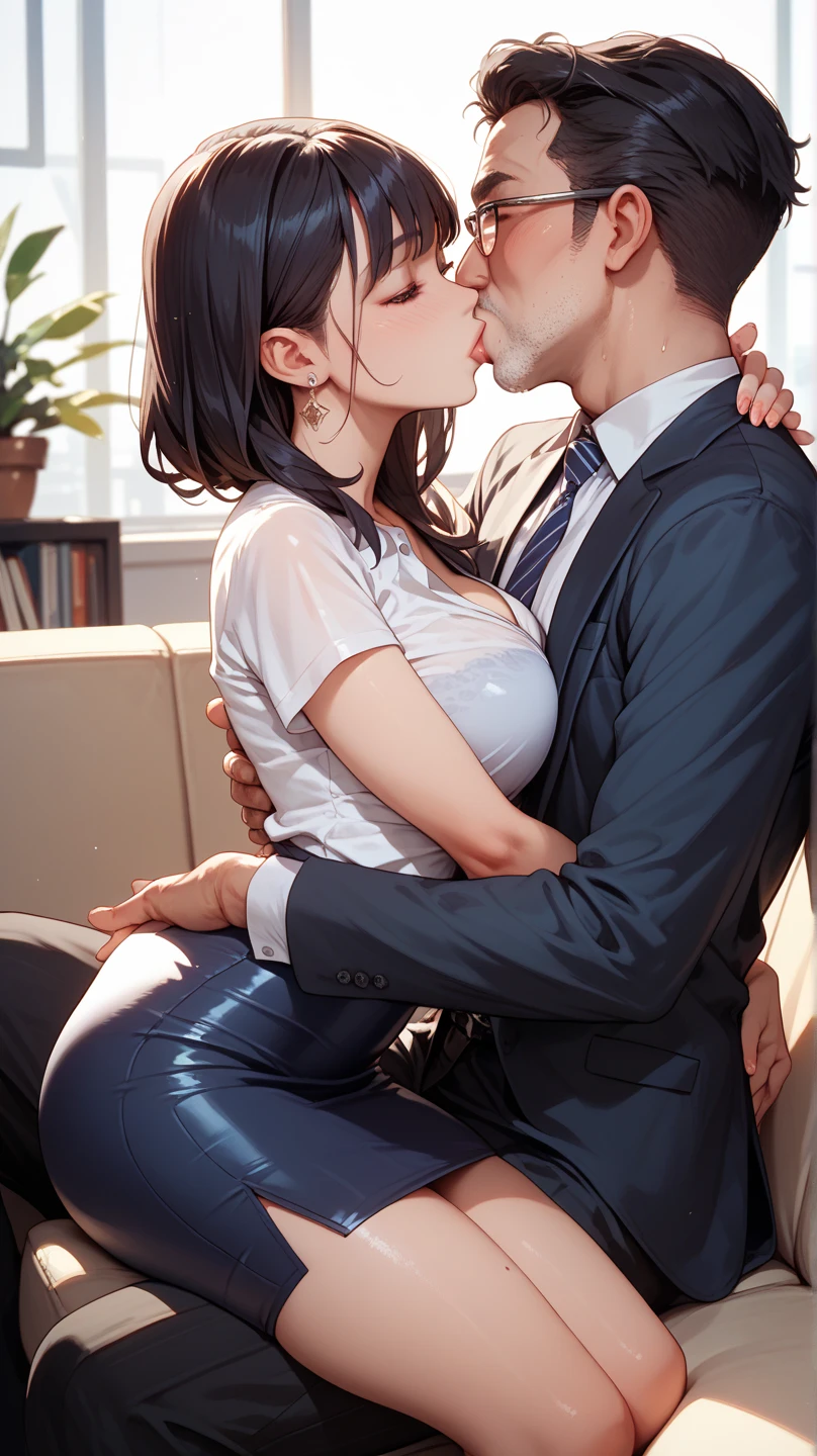 a beautiful sexy cute attractive beautiful woman with navy blue hair short disheveled cut in front of her orange eye wears a referee blouse with buttons black white stripe shows belly button long black pants red heels sex love street touching breast chest 