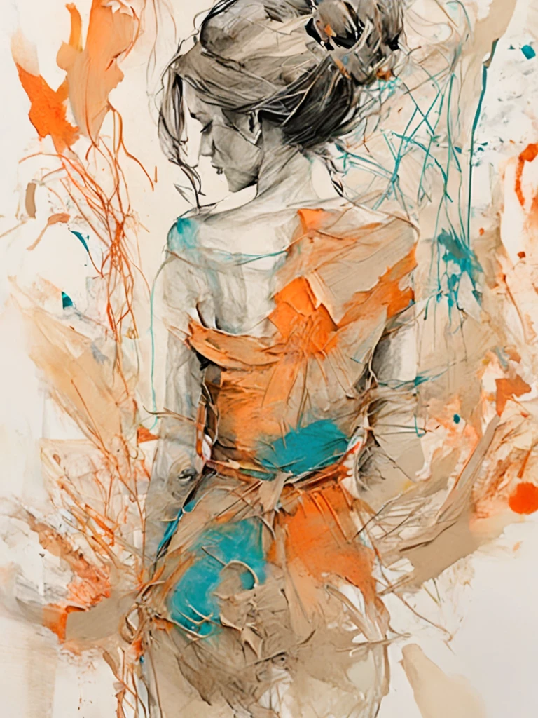 1 black woman nude full body frontal pose black hair Drawing tattoo realism orange and blue nude nude nue small breasts