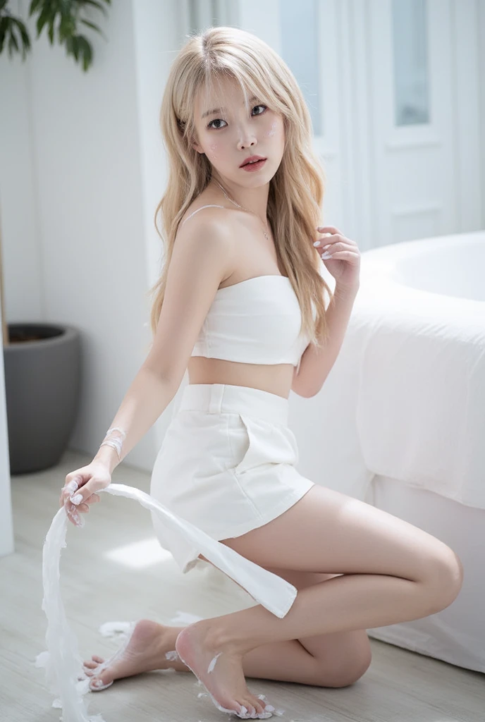1girl, 175cm,korean kpop idol and model, 22 years old,soft body, close-up, 8k, RAW photo, best quality, masterpiece,realistic, photo-realistic,seductive,cute,A beautiful woman in a tight skirt,tall white boots,Liuhai hairstyle,ponytails hairstyle , gold white hair, large earring