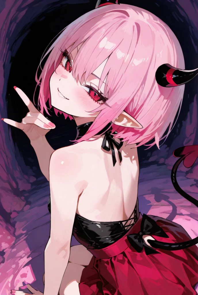 Tiefling, Girl 19 years old, light skin, A lot of growth, pink eyes, little devil horns, white raincoat, thin pink tail, Clear face, Worked hands, full length, goddess, revealing underwear, square hairstyle