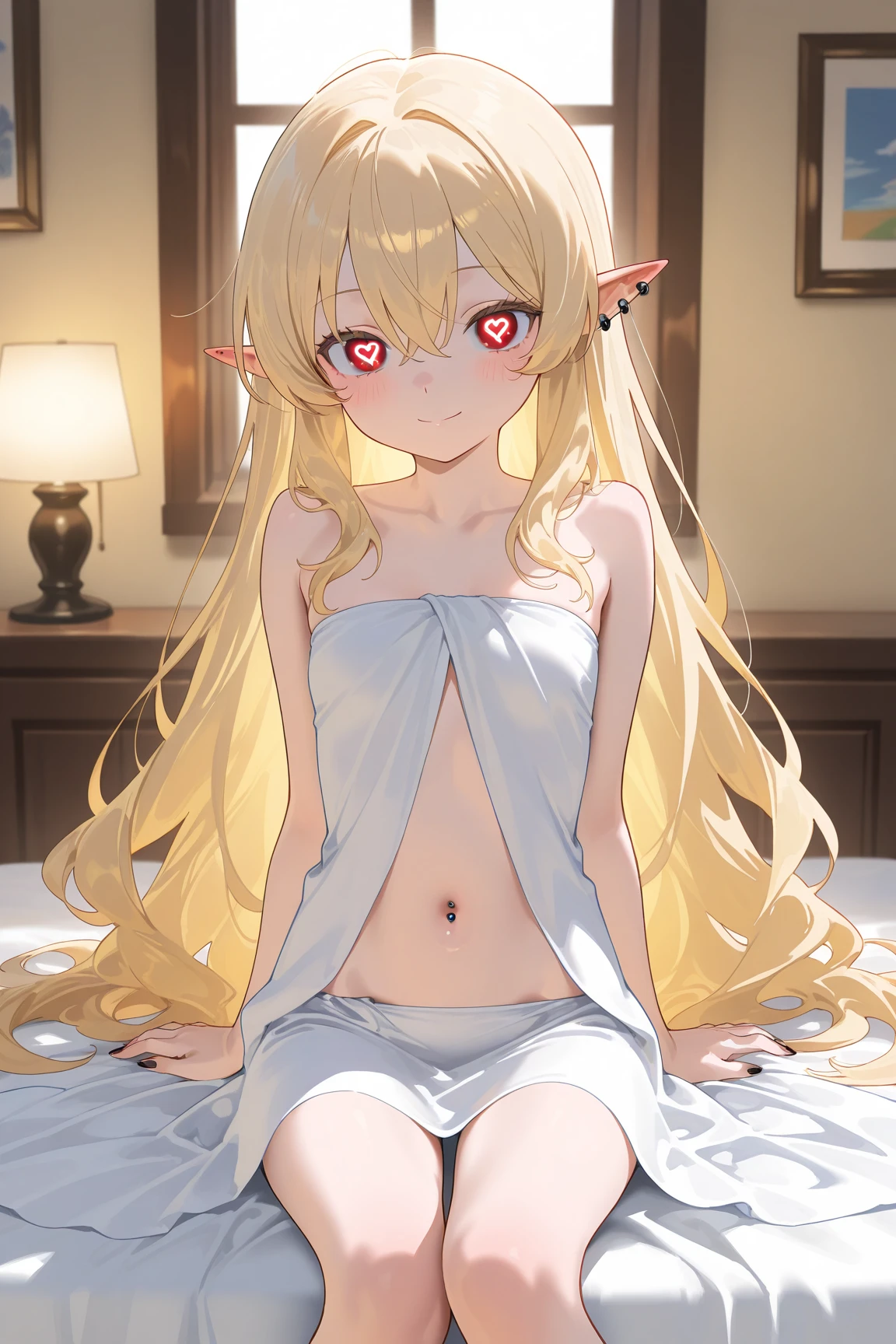 ((Ultra-detailed)), (top-quality),((masterpiece)), ((Super exciting)), ((8K)), ((1080p)), ((extremely clear)), ((Very sophisticated)), ((Anime Graphics)) ((Anime quality)), ((Anime Illustration)), ((Bright background)), ((perfect lighting)), ((Glowing skin)),((gleaming)), ((shiny glistening)), ((3D)), ((upper body)), ((Perfect Anatomy)), ((Solo)), ((anime quality eyes)), ((a elf girl:1.5)), ((fantasy)), ((blue eyes)), ((slanted eyes)), ((long eyelashes)), ((Thin eyebrows)), ((slender body)), ((blond hair)), ((ahoge)), ((twin-tails:1.5)), (hairband), (look at viewers), (blush), (naked),(nsfw), (full nude), ((ashamed)), (smile), ((look from above)), (lying on the bed), (sexiest angle),