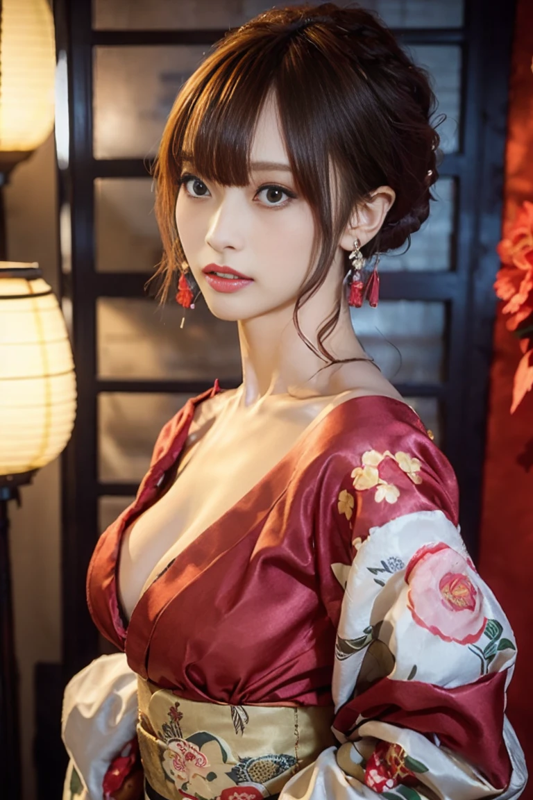 Elegant Japanese geisha with a curvy figure, 28 years old, height 162cm,
voluptuous traditional beauty (92-62-90 cm), ample E-cup bosom, slender 62cm
waist, full 90cm hips, oval face with high cheekbones, almond-shaped eyes (deep
brown, RGB: 39, 26, 17) with single eyelids, straight nose, small mouth with full lips,
porcelain-white skin (RGB: 248, 240, 232), elaborate traditional nihongami hairstyle
with kanzashi hair ornaments (gold and red), white face makeup with red lips (RGB:
203, 40, 33) and black eyebrows, wearing a luxurious furisode kimono in deep red
(RGB: 153, 27, 30) with gold embroidery, kimono slightly open revealing pale
shoulder and hint of cleavage, red obi sash accentuating waist, sitting gracefully in
seiza position on tatami floor, in a high-end traditional tea house setting with shoji
screens and ikebana arrangement, soft diffused lighting through rice paper screens,
artistic portrait emphasizing traditional beauty with a hint of sensuality, shot with
Fujifilm GFX 100S medium format camera, 110mm f/2 lens, ISO 400, 1/60 sec,
102MP resolution, attention to intricate textures and subtle skin tones--ar 3:4--q 2--s 950--v 6.0--style raw