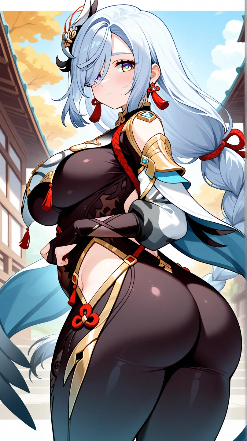 Masterpiece, high quality, shenhe \(genshin impact\), genshin impact, squatting, big breasts, busty, sexy, wide hips, white hair, blue eyes, hair ornament, long hair, breast curtains, bodystocking, hip vent, outdoor, wet, shenhev4, thick thighs, realistic, from below, shiny skin, detailed, navel, horny, wet pussy, pussy juice, dripping, squirting, fingering