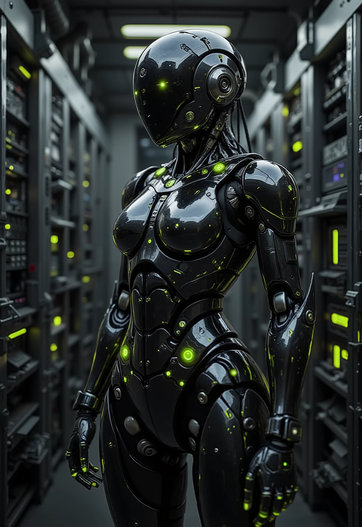 A stunning female android with a human-like face, featuring sleek metallic black armor adorned with glowing green energy lights. Her robotic body is detailed with intricate mechanical parts, glowing circuits, and polished chrome elements. She stands confidently in a futuristic high-tech laboratory filled with advanced machinery, holographic displays, and glowing control panels. The cinematic lighting casts dramatic reflections on her metallic body, blending the cold, industrial environment with her sleek, advanced design. Hyper-realistic and photorealistic, capturing a cinematic and futuristic atmosphere.
FuturEvoLab_Green