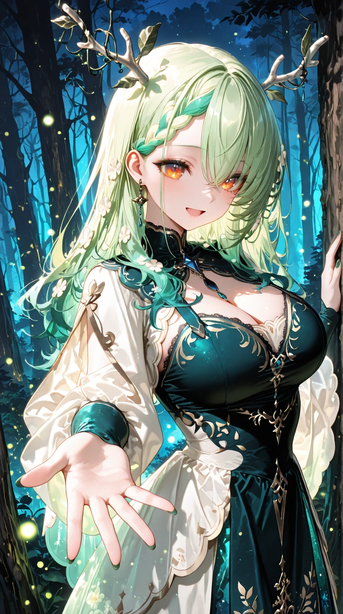 ((Highest quality)), ((masterpiece)), (detailed),8K、Very delicate、Cinema lighting、Depth of written boundary、Fine skin、(detailedな顔、Perfect Face、detailedな目:1.2)、One beautiful girl,Alone、Fairy、(Light green hair、Long Hair、Bangs)、smile、Attractive lips、(A pretty robe with gold embroidery)、Medium chest、Cleavage、Face up、(Anime illustration)、High resolution、Forest at night