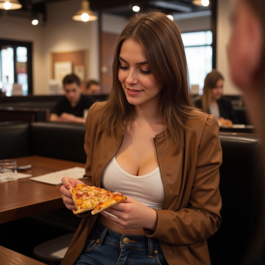 1girl, cleavage, detailed face, mouth watering burger, on white plate, extra cheese, oozing black paper sauce, still life photography, macro, sharp focus, bokeh, vibrant, (realistic:1.3), sparkling juicy meat, chair, cozy restaurant, a glass of milk, very long cascading hair, dripping on chest, huge breasts, (sagging breasts:1.2),