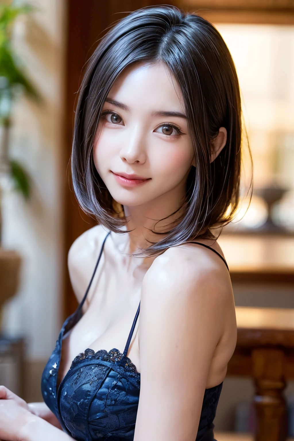 (table top, highest quality、ultra high resolution、face focus focus、focus on the sides、navel focus、decolletage focus、very attractive beauty、Adds intense highlights to the eyes、look closely at the camera:1.4、Absolutely beautiful bangs:1.4、Brunette short bob hair with bangs:1.4),1 girl, Report, black haired, realistic, looking at the viewer, pale black eyes, short hair, lips, lip gloss, Upper body、Big eyes、eyelash)、((italian natural background、hyper real stick:1.4))、((short hair with bangs:1.4、Beautiful bangs with 46 points:1.4、{Huge|big|Hugeな|mega} chest:2, cleavage:2、Big eyes、Give students very powerful highlights、very bigger chest、look at the audience、very beautiful beauty、show me your ears、beautiful long neck、beautiful decollete、smile、A smilee　beautiful teeth、Open your mouth and smilee))、28 years old、very cute super model、perfect anatomy