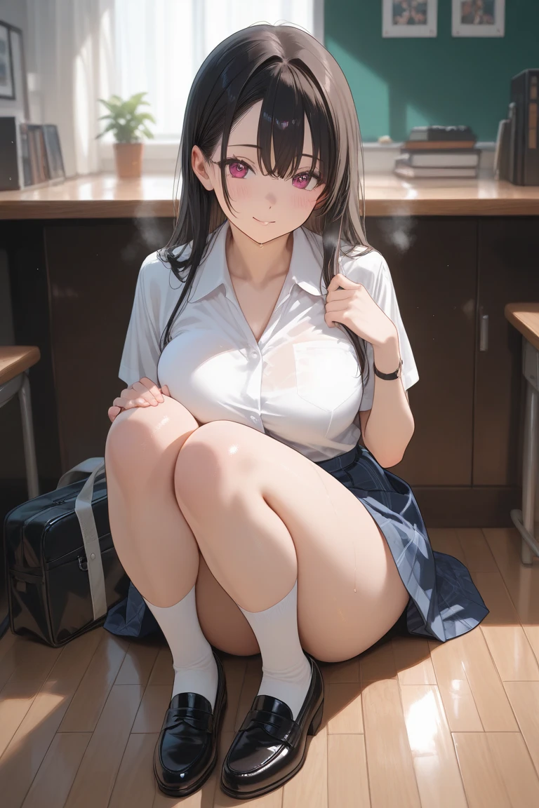 (8k、Best image quality、highest quality、masterpiece)、Detailed face、One girl、Black Hair、Long Hair、Diagonal bangs、Earrings、Grey Eyes、Expressionless、Large Breasts、((White shirt))、((Unbutton the neck))、((cardigan))、cleavage、((Black pleated skirt))、((micro miniskirt))、((white buggysocks))、loafers、((Crossing your legs))、Sit on a chair、Shoot from above、Classroom Background