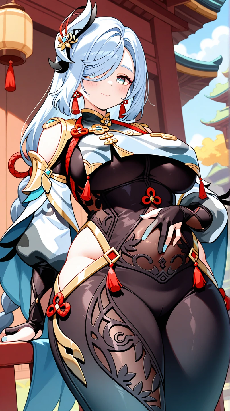 Masterpiece, high quality, shenhe \(genshin impact\), genshin impact, squatting, big breasts, busty, sexy, wide hips, white hair, blue eyes, hair ornament, long hair, breast curtains, bodystocking, hip vent, outdoor, wet, shenhev4, thick thighs, realistic, from below, shiny skin, detailed, navel, horny, wet pussy, pussy juice, dripping, squirting, fingering
