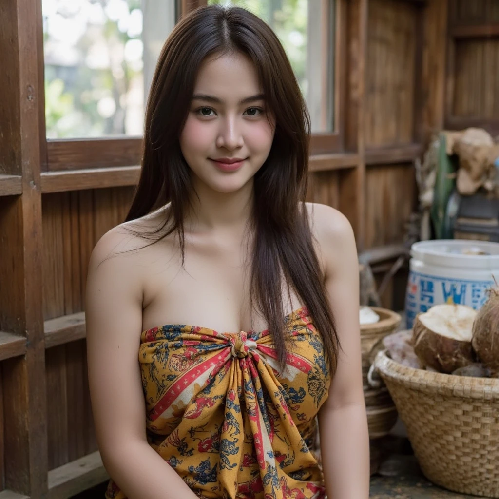 Asian, young woman, long hair with shag, tied in stitches, with bangs, with Chinese clothes, bright eyes, beautiful smile, curved eyebrow, expression of shame