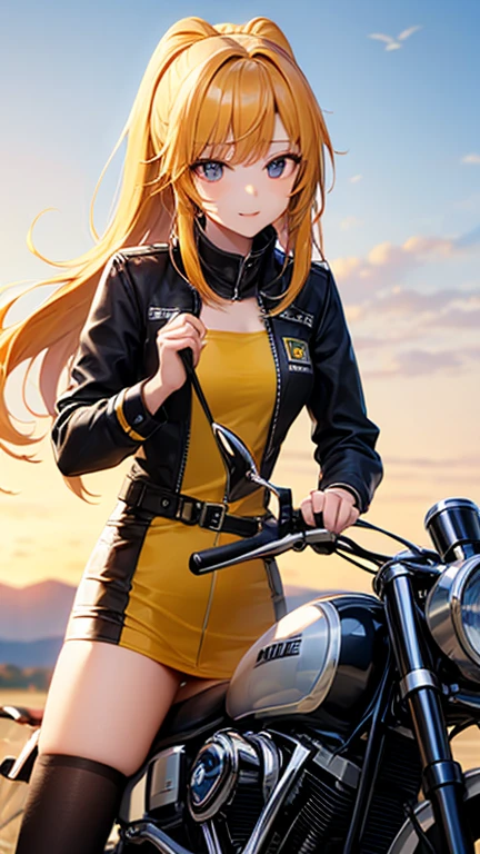 cabelos longos, rabo-de-cavalo, cabelos azuis claros, olhos amarelos, Peitos grandes, Bikers Camisa Branca, Jaqueta Preta para Motociclistas, tight black jeans, motocicleta de corrida, noite