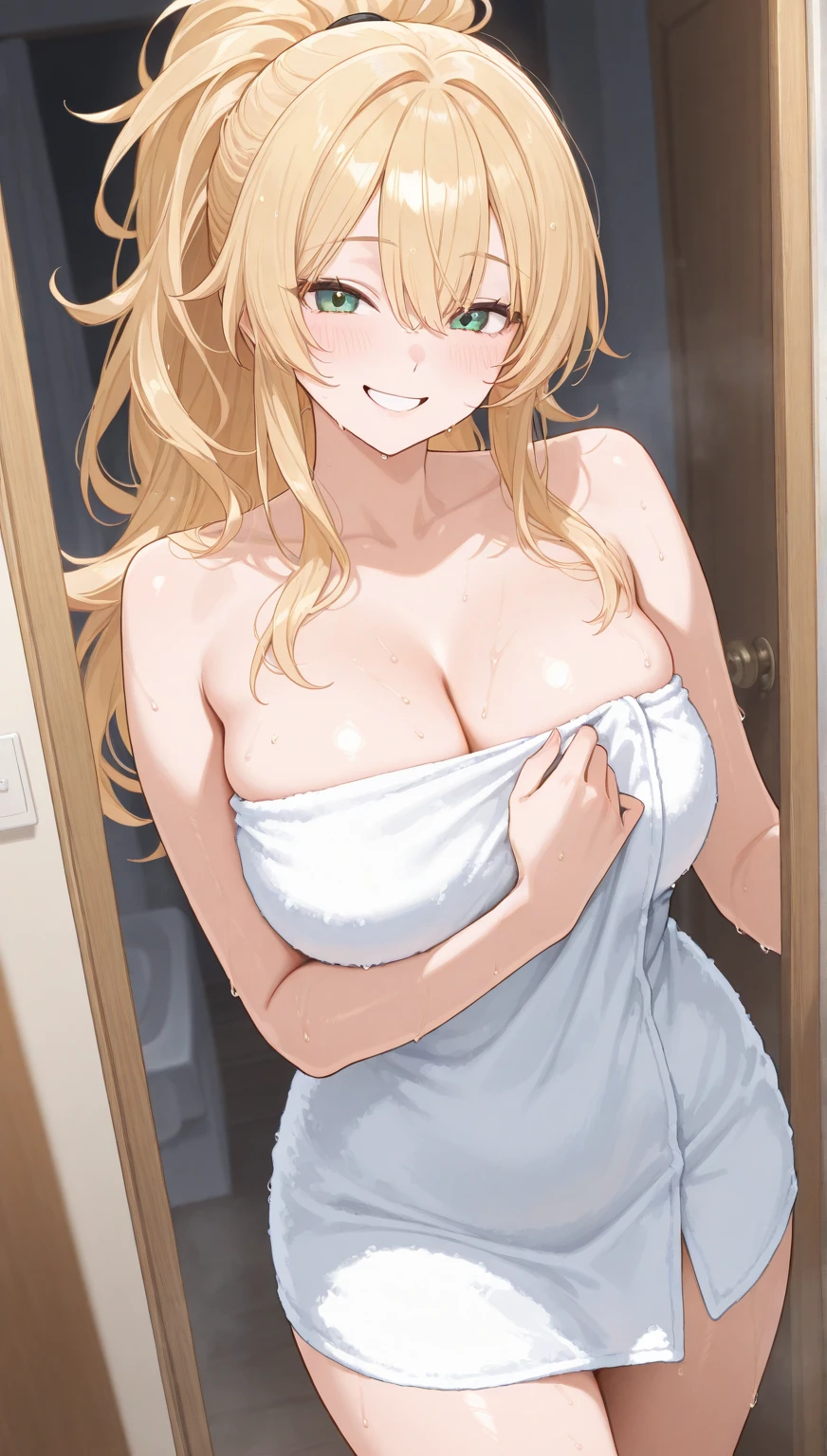 Young girl, long wavy hair, blonde hair, light green eyes,hair over shoulders,shining eyes, small , short stature, (happy smile), (blush), open sexy wh bathrobe, nipples, panding, ( behind back), pov from front,bedroom,shining body