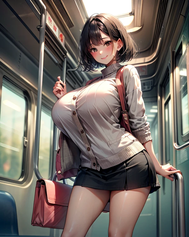 Woman with huge breasts with lace cleavage on public transport at rush hour