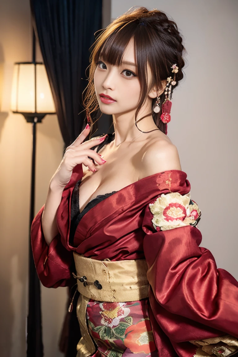 (Detailed skin:1.2),(Shiny skin:1.1),8K,Highest quality, masterpiece, Ultra-high resolution,(Realistic:1.4), RAW Photos,(Soft saturation:1.3),(Fair skin:1.2),Half-Japanese beauty,repair,20 years, Light brown hair, (Up-Hairstyles:1.2), Asymmetrical Hair, (Pretty face:1.4), (Large Breasts, Tight waist), Beautiful lighting, (Sexy Oiran:1.2,),Highly detailed face, Highly detailed lips, fine grain, double eyelid, (Sharp focus: 1.2), (Perfect Anatomy),(Beautiful woman with perfect figure: 1.2)、Exposing cleavage、Random sexy poses,(Accentuate your leg lines:1.2)、kimono、Sharp Eyes,smile、perfect finger