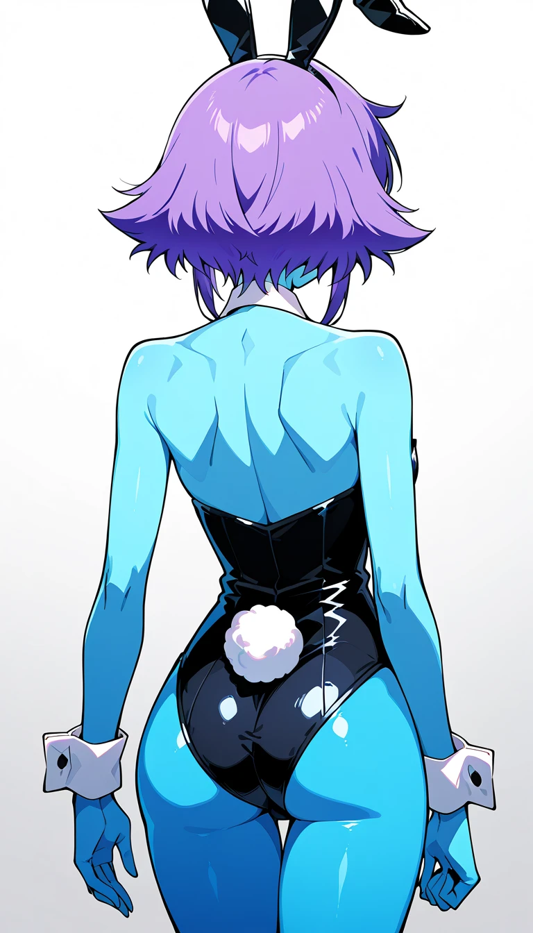 hatsune miku, hair ornament, blue hair, rabbit ears, playboy bunny, twintails, bangs, leotard, blue eyes, x hair ornament, detached collar, pink background, simple background,, (masterpiece, best quality, high quality, highres, ultra-detailed)Hatsune Miku, latex clothes, back view,아름다움 엉덩이,