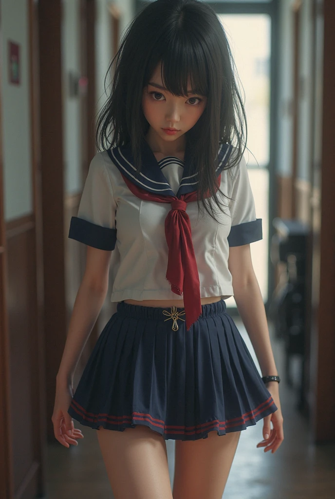 Ultra-realistic, Wide Shot, 1. Female, Japanese , Straight Long Hair, Big, sharp eyes shining brightly, Long eyelashes, A navy blue blazer with a red ribbon tie over a white dress shirt, Checked mini skirt, Tokyo Metropolitan High School Uniforms、White calf socks and white sneakers, A large scythe is the weapon of choice、He has a big scythe like the Grim Reaper, Chiaki Kuriyama, Gogo Yubari, Kill Bill, indoor, Bokeh effect, Depth of written boundary, Ultra-realistic, Professional photography, Cinema Lighting