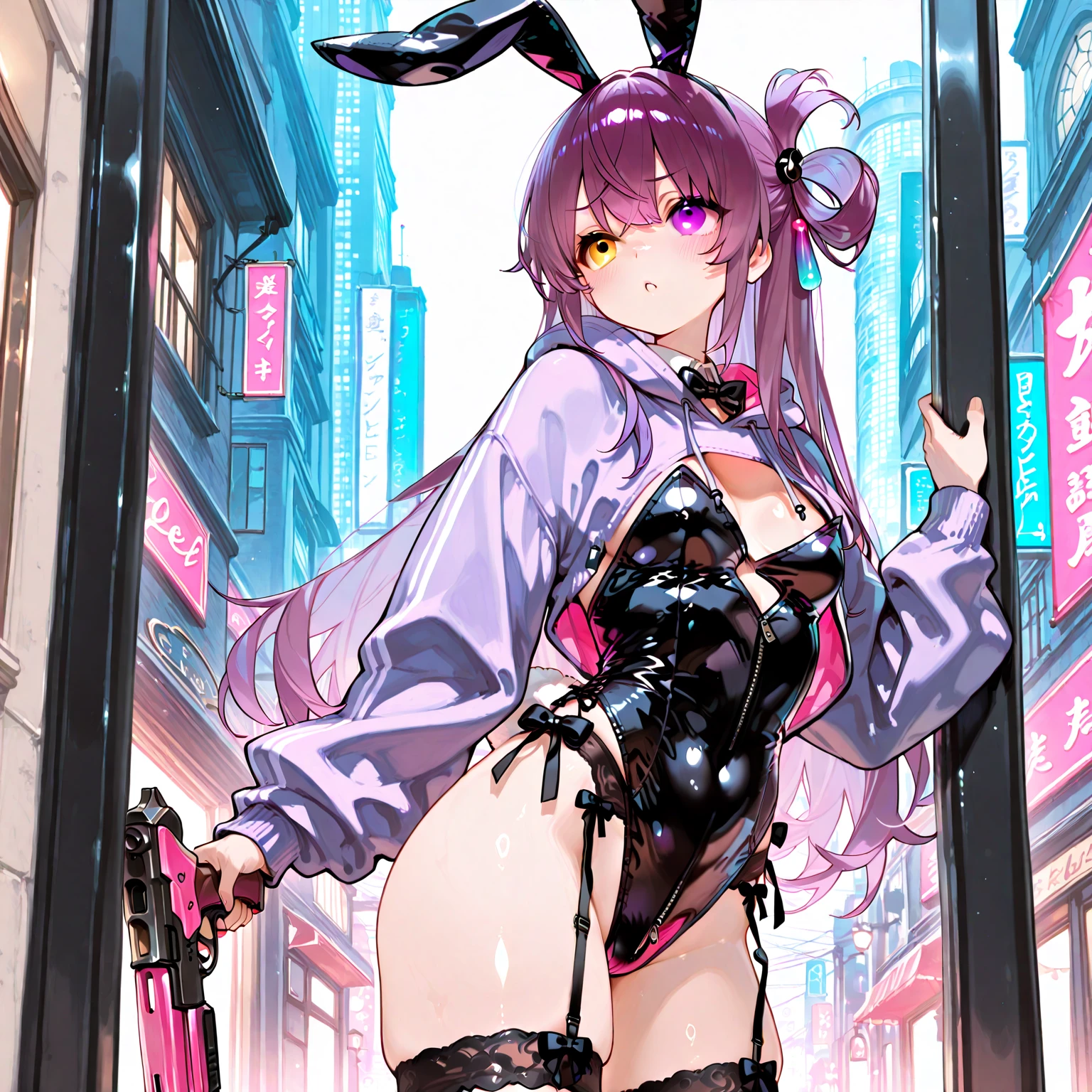 ((Highest quality、、masterpiece:1.3)), Upper Body、Long legs、Sharp focus:1.2, Beautiful woman with perfect figure:1.4、(Smiling:1.2), double eyelid、30-year-old female、Sexy pose、((((Close your mouth、One Woman、Bunny girl,Downtown at night))))、(((((手は体の横に)))))