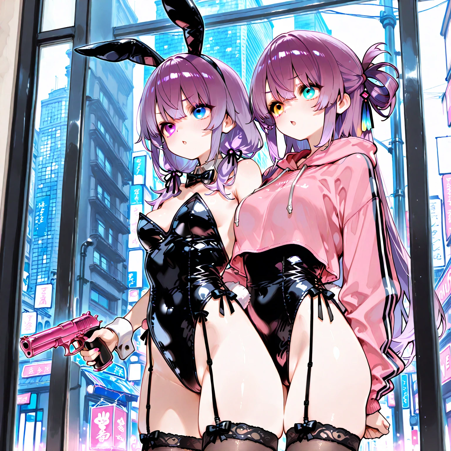 Catfight, anger, sunglasses, neat school swimsuit, thick eyebrows, leather backpack, huge backpack, carrying heavy weapons, (dark skin: 1.3), black gloves, brown skin, movie lighting, small, beautiful light pink hair, rabbit ears, (masterpiece), ((highest quality)), (super detailed), glossy skin, full body anime girl, two girls, clean and detailed anime face, High resolution anime eyes, five fingers, textile shading, perfect human structure, perfect anatomy,