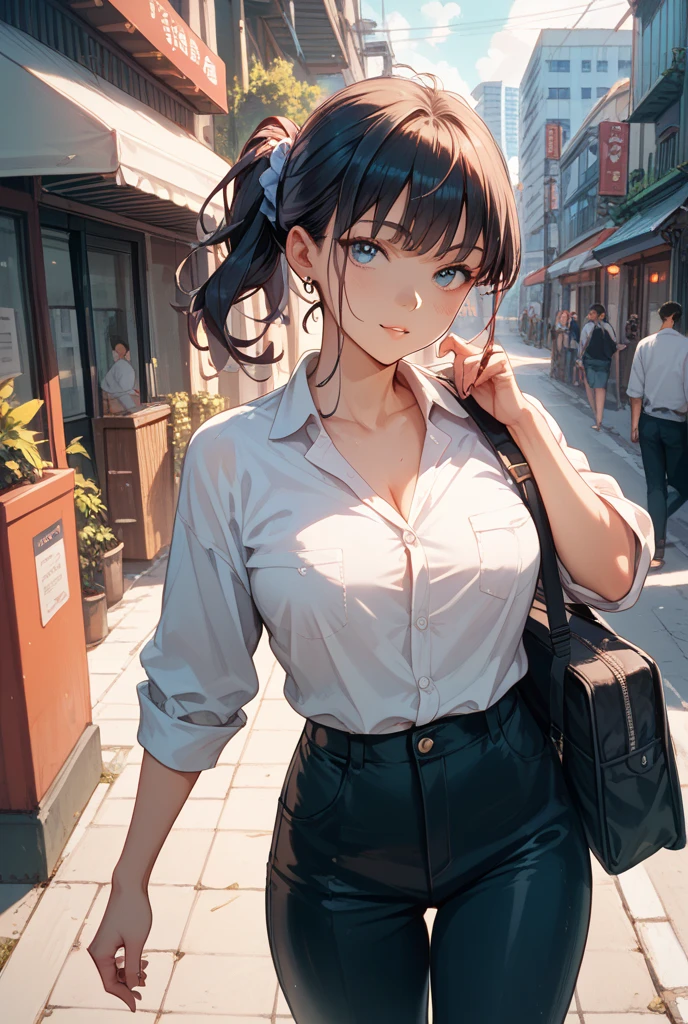 (masterpiece:1.2, top-quality), (realistic, photorealistic:1.4), beautiful illustration, (natural side lighting, movie lighting), nsfw,
looking at viewer, 1 girl, japanese, high school girl, perfect face, cute and symmetrical face, shiny skin,
(long hair:1.2, half updo:1.5, sideburns:1.8, burnt umber hair), asymmetrical bangs, purple eyes, drooping eyes, big eyes, long eye lasher, (medium breasts, thin thighs), slender,
beautiful detailed hair, beautiful detailed face, beautiful detailed eyes, beautiful clavicle, beautiful body, beautiful chest, beautiful thigh, beautiful legs, beautiful fingers,
(long length purple blouson, white knit camisole, dark brown skater skirt, belt), black thigh-highs, skin dendation,
(beautiful scenery), evening, (In front of the convenience store), standing, (lovely smile, upper eyes, parted lips),
