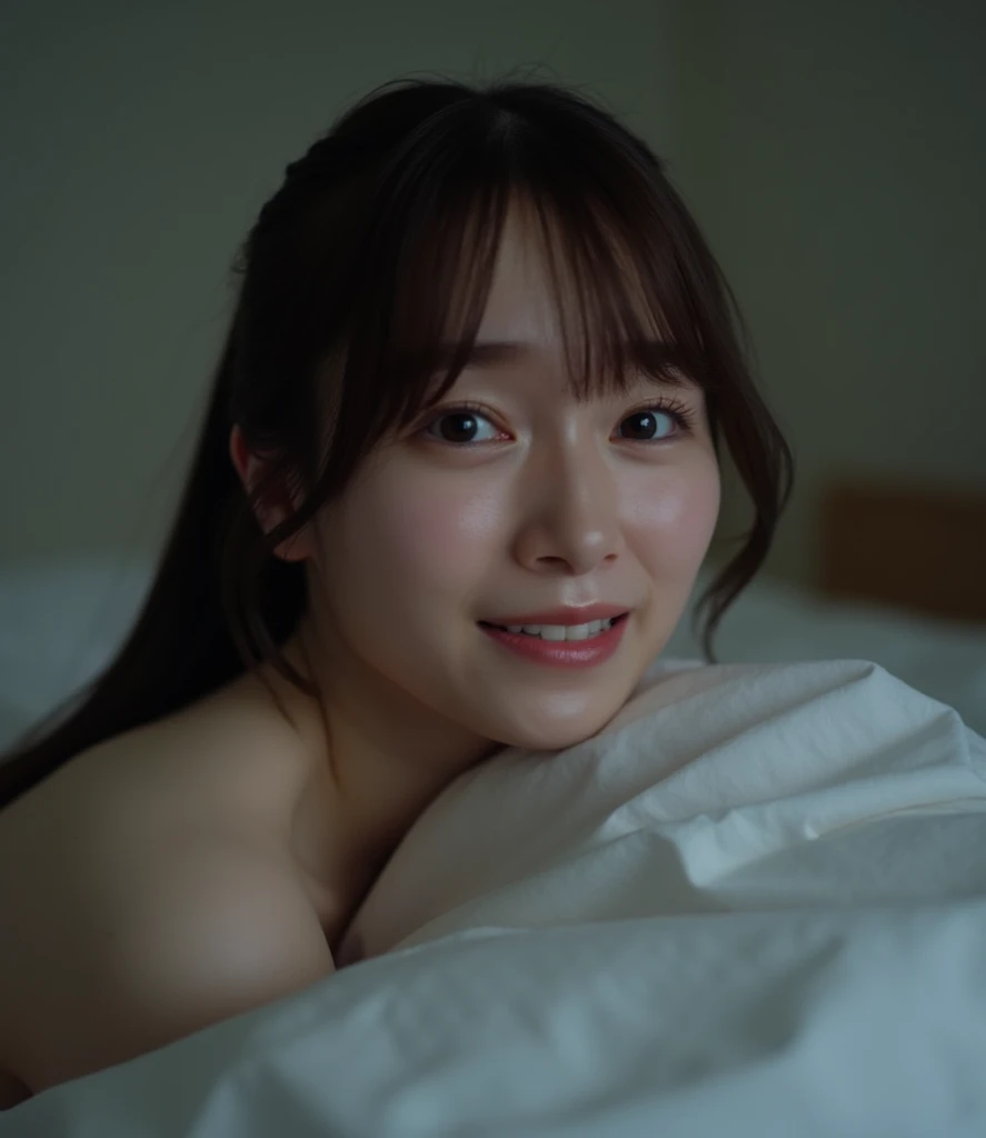 1girl, cute, sleeping, eyes closed, (freckles:0.2), lying on bed, head on pillow, bedroom, detailed background, indoor, hires, (photorealistic:1.4), (in the dark, deep shadow,low key:1.1), diffused natural skin glow, diffused dark light, wide shot