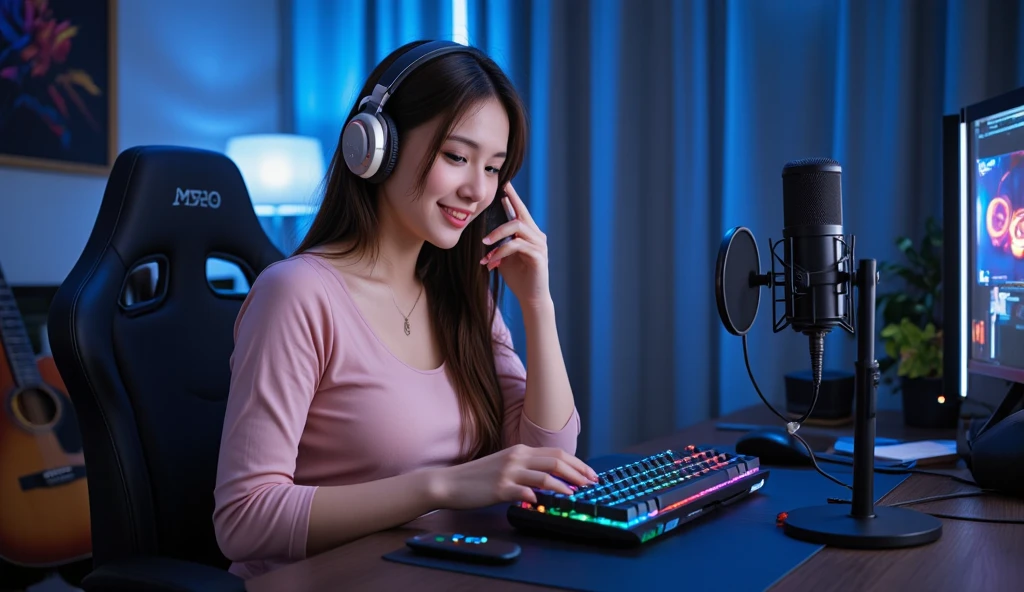 A young woman with long, flowing hair, wearing a stylish gaming headset and a comfortable outfit, sitting at a desk in front of a gaming PC. The PC is lit up with neon lights, and the woman is smiling as she plays her favorite video game.