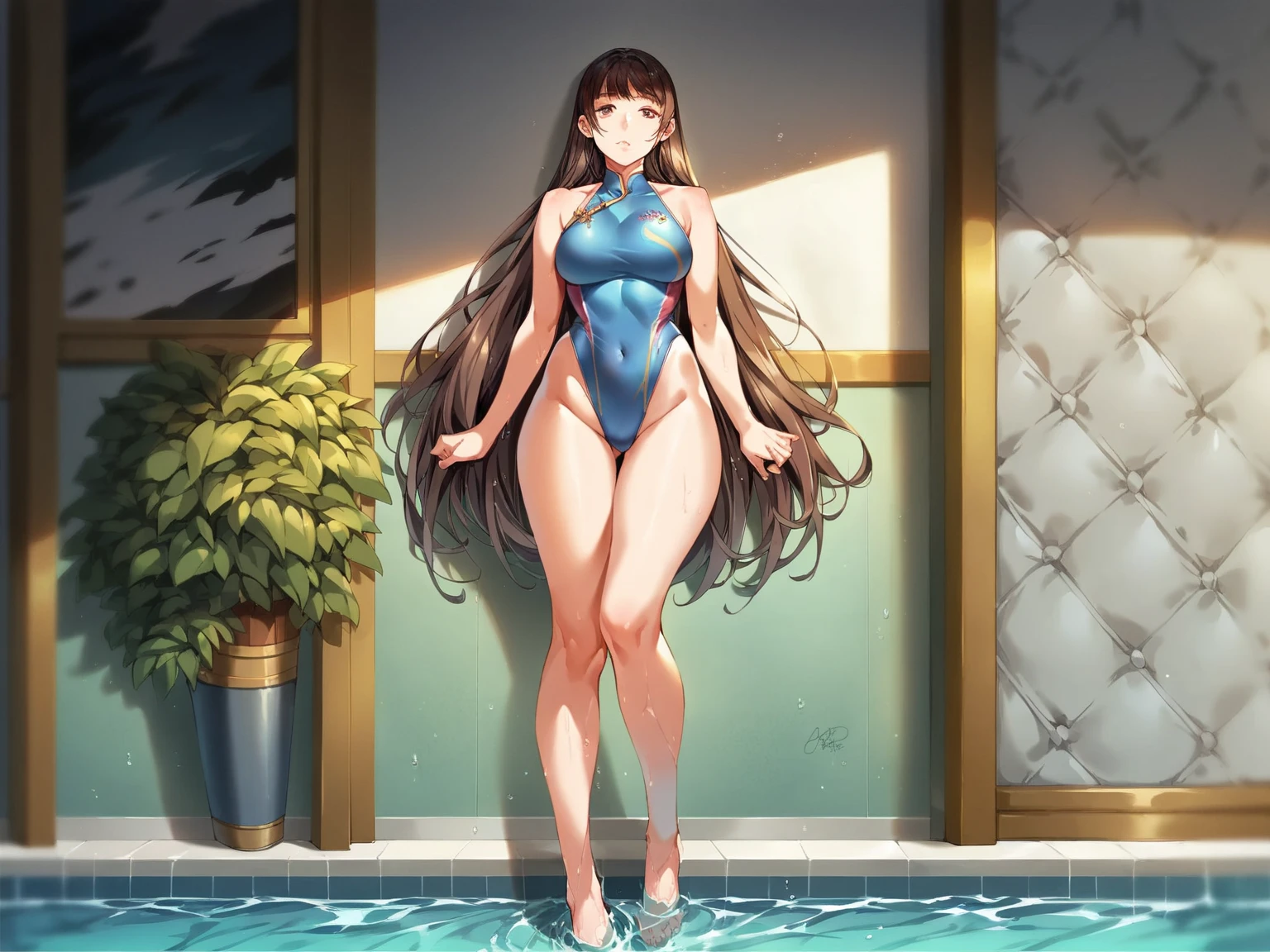 tmasterpiece，Best quality at best，ultra - detailed，illustratio，warmly lit，vivd colour，1girl，独奏，long whitr hair，Very long hair，chifuyu，eBlue eyes，By bangs，hair_flower，hair_ornament，hair_over_eyes，pony tails，stomach，nabel，hand on hips, Cowboy photos, Bare shoulders, collars, 鎖骨, ssmile, hason, gym room, Gym Machine, inside in room, [[[[obliques]]]], Hot body, upper legs, naked leg, squatt, hand on own thigh, depth of fields, weights,striped bikini