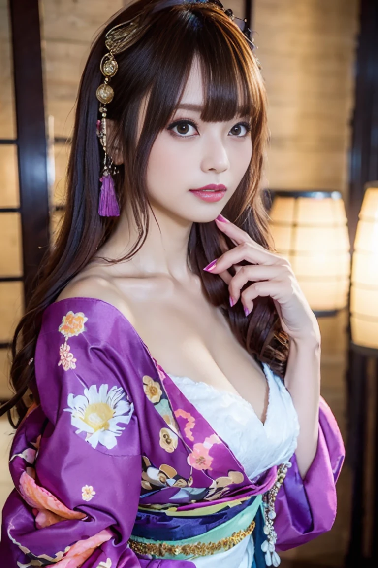 One Woman、Big Breasts、kimono、kimono、purple、Japanese、Black Hair、hair ornamentini skirt、blue eyes、bangs、long hair、slender、bra、1boy,penis,open mouth,fellatio,tongue licking