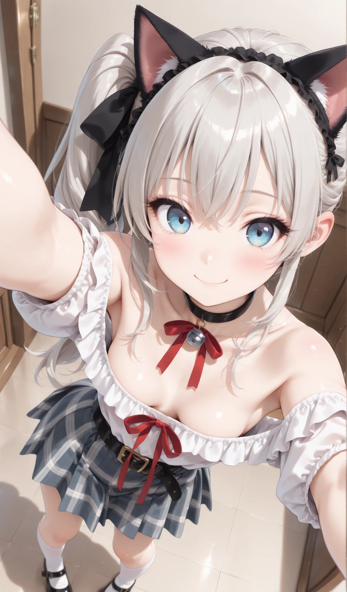 1 Female,High definition,high resolution,Ultra-realistic,8K,labrynth, grey hair, grey eyes, large breasts, horns, European,sexy,Upper body close-up,Photographed from the front,Dynamic Angles,private teacher,blush, huge tits, nipples ,show ,(white lace bra),(white lace panties),(top view),(selfie), smile