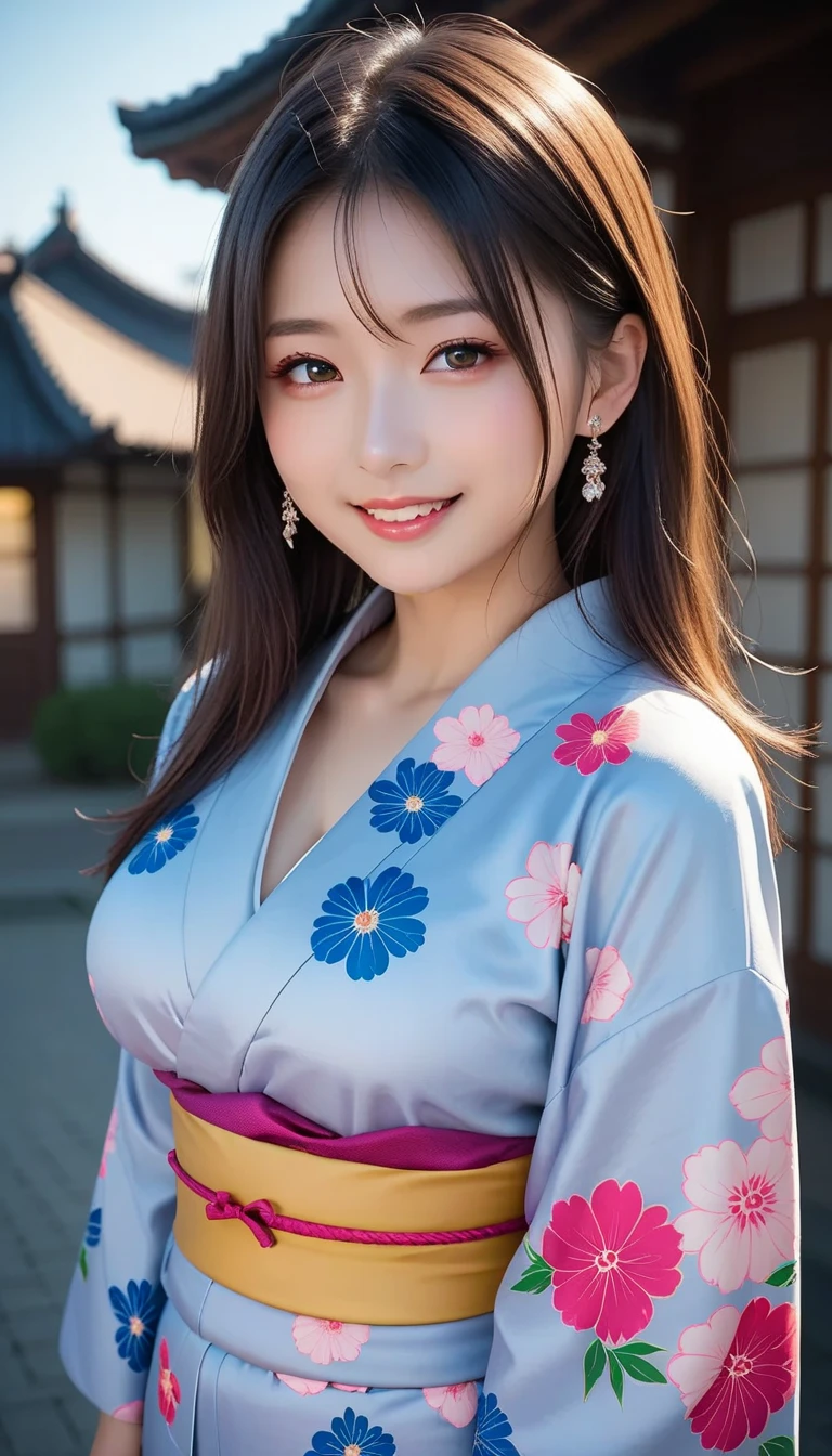Create an ultra-realistic image of a 21-year-old Japanese woman named Kotone attending the Akita Kanto Festival. She has extremely long, perfectly straight black hair that flows down to her waist, with blunt bangs that cover her forehead. Her eyes are large, enchanting, and have double eyelids, giving them a captivating and youthful appearance. Her face is delicate and innocent, with very thin eyebrows that frame her large, childlike eyes. Kotone's skin is smooth and flawless, resembling snow in its pure white color. She has a slender and well-proportioned body with a bust size of 95 cm, a cinched waist, slim thighs, and firm buttocks. Her complexion is flawless, without any wrinkles, and her natural makeup enhances her features subtly, maintaining a fresh and youthful look.
Kotone is wearing a festive yukata, blending in with the vibrant atmosphere of the festival. She is standing among the large kanto poles decorated with lanterns, looking up at the impressive display with a joyful and excited expression. The background is filled with festival-goers, lanterns, and the lively ambiance of the event. The lighting is dynamic, capturing the festive lights and her radiant appearance.
