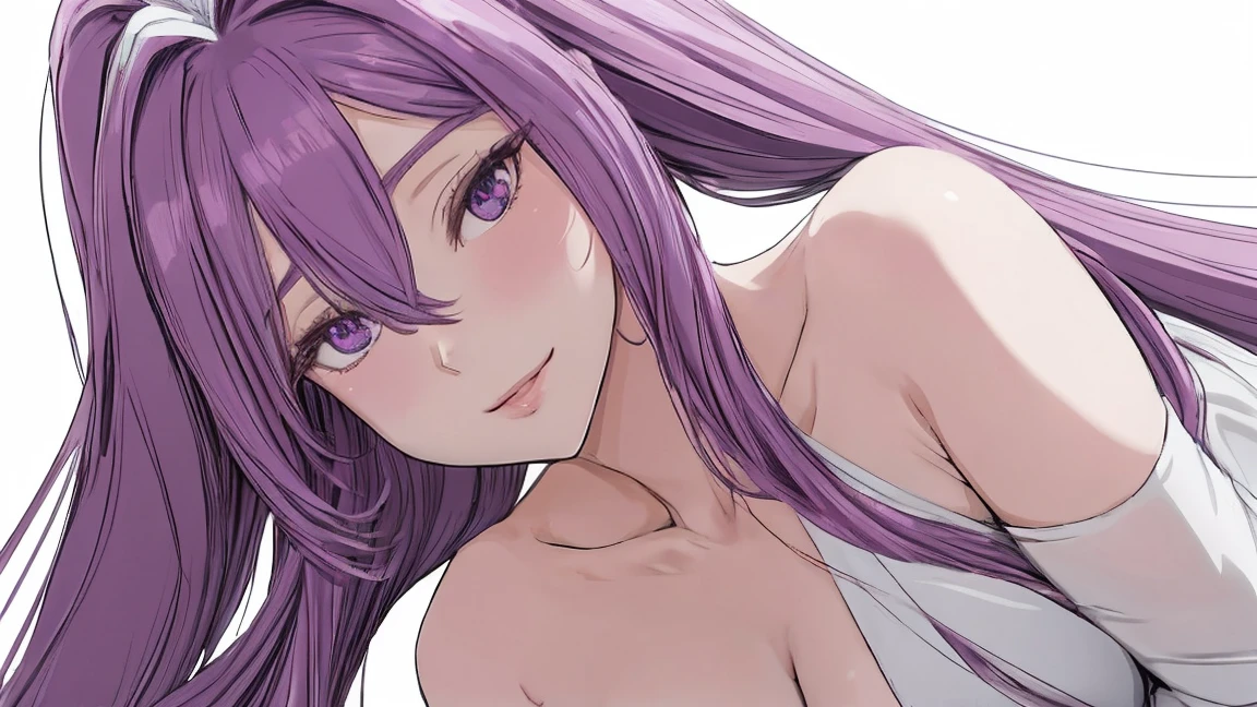 masterpiece, best quality, <lora:anmiXL_V1:1> fern, sousou no frieren, 1girl, breasts, purple hair, purple eyes, long hair, large breasts, looking at viewer, solo, bangs, blush, blurry foreground, blurry, cleavage, blunt bangs, pout, :t, depth of field, closed mouth, brown background, lying, upper body, collarbone, on stomach, bare shoulders, nude