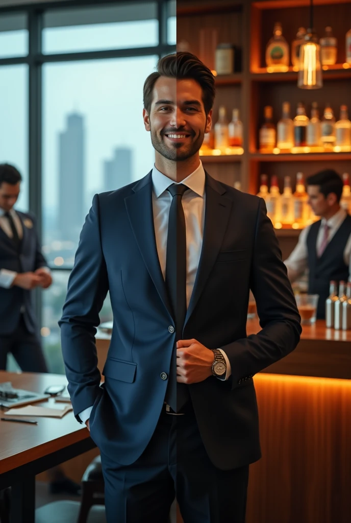 high quality photos, left and right split screen, On the left, in a suit at the office, on the right, serving customers at the bar counter,