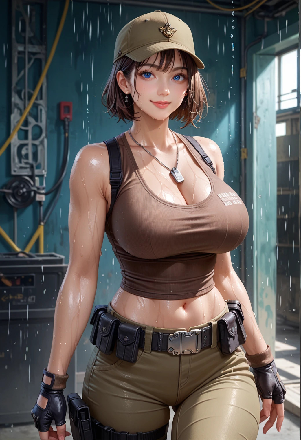 (masterpiece, best quality:1.4), (8K), Young muscular raven-haired beauty, (((18 years old, mean girl))), detailed green eyes, long eyelashes, blush, evil smile, upper body, covered large breaslive green leatherr shirt, buttoned up)(pleated leather skirt)), (from side), (looking at viewer), beautiful jet-black hair, tan-skinned, short straight hair, (huge breasts), (firm reasts), (breasts jutt from chestrally), (abandoned factory boxing ring, beautiful),