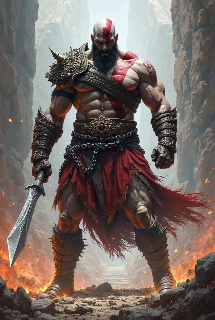 Imagine an imposing demon, with reddish and scaly skin, with eyes shining bright yellow. His figure is muscular and tall., with curved horns extending from its forehead. He wears dark armor, battle-worn, and in one hand he holds a huge, ancient and menacing-looking sword, with runes engraved on the blade that seem to glow with a dark glow. His presence is intimidating, casting a long, ominous shadow over the rocky, arid terrain on which it stands.