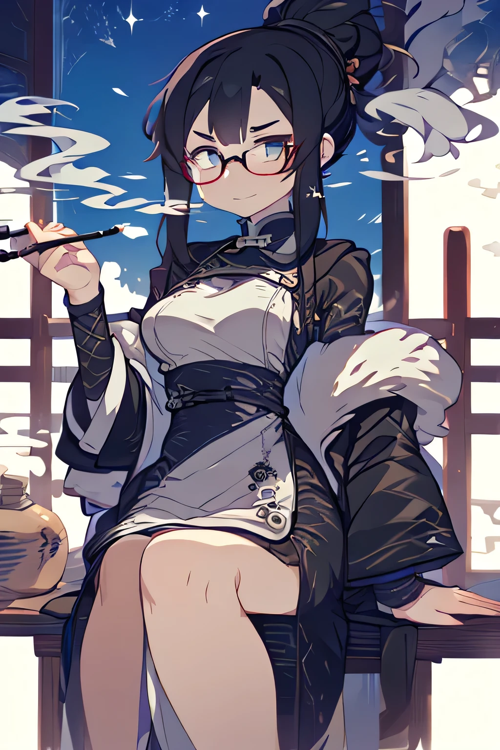 28 years old、Japanese Woman、38 years old、145 cm tall、Japanese Woman、Babyface、round face、silver hair、Round chin、My gills are slightly stretched、Narrow eyes、The eyebrows are darker、Vertical perm、Semi-long、C-cup bust、wearing round glasses、splitting the screen into 2 parts、depicting a woman with the same face in different situations.、full body. left side: working as a mercenary、smoking a black cigarette、Night Battlefield、holding a machine gun in one hand、There is smoke coming out、Calm Expression、slightly reddened cheeks、Right side: having fun cooking with her family as a homely mother、wearing an apron、very happy expression。Delicious looking dishes lined up、Depiction in the middle of cooking、