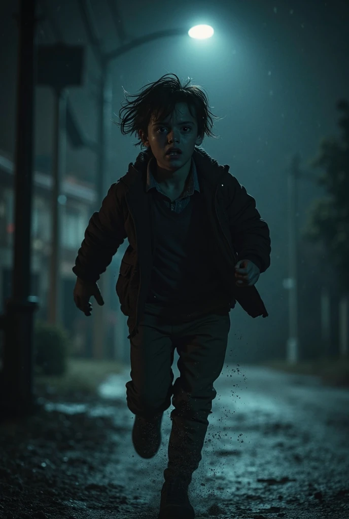 Imagine a  scared girl running to a house, realistic image