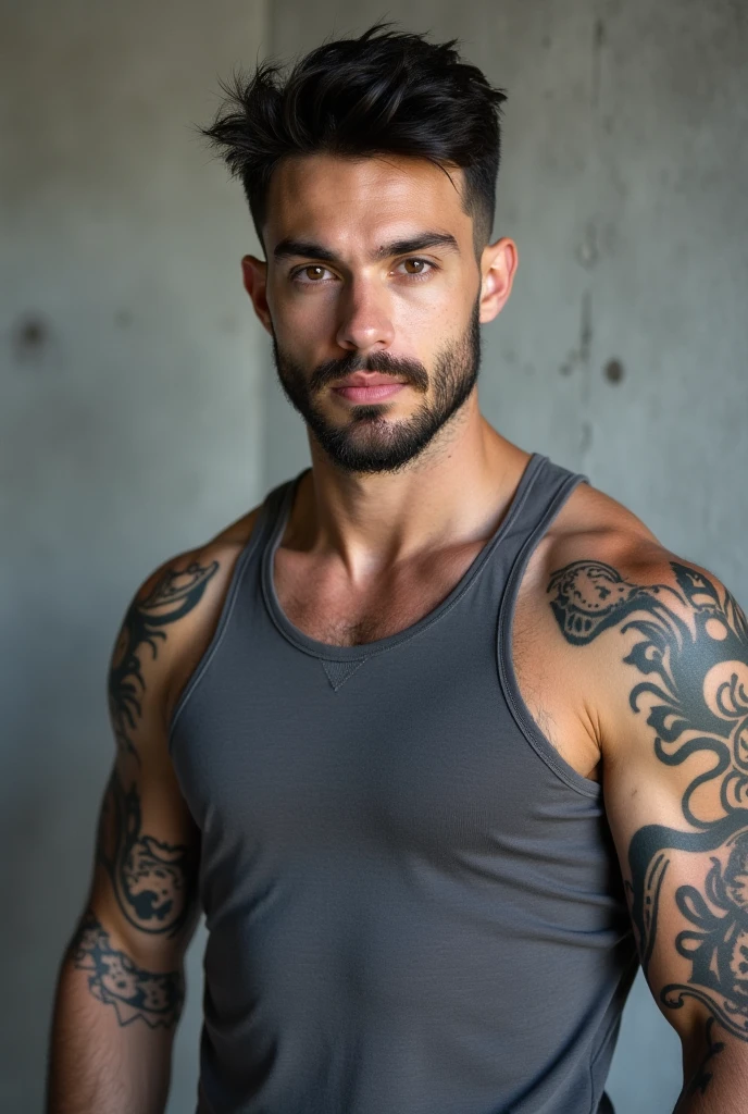 A handsome 25-year-old man, short hair styled up, fair skin, short beard, casual clothes, full body view, intricate tattoos