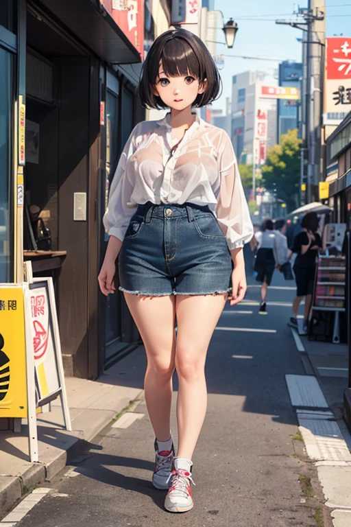 (Masterpiece, highest quality:1.3), High resolution, (game cg: 1.3), 35 years old, (Cute:1.3), slant eyes, Big Tits,Sporty figure, Ponytail, Denim Jackets, standing, in tokyo street, smaili, morning, natural light, sweat, girl trembling with sexual climax, (pussy juice:1.1)