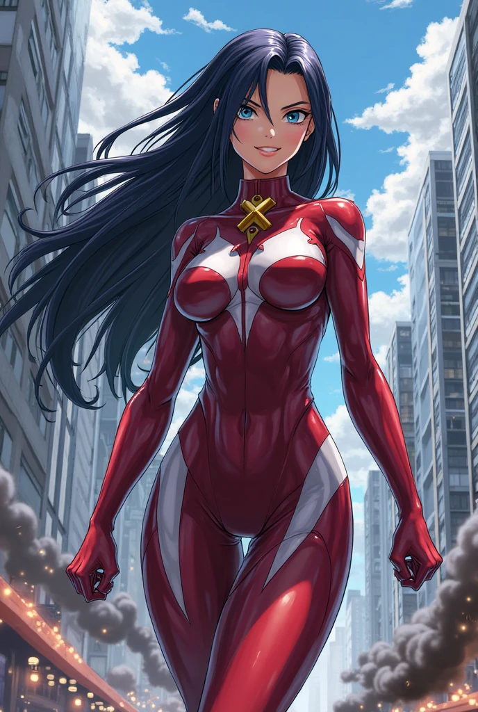 A Woman, full body photo with her feet on the ground, dressed as Iron Man/Spider-Man, tight-fitting suit, immensely gigantic breasts. The woman has long blue hair with braids held by teddy bear barrettes, green eyes, this one with her fists up, her outfit has several weapons attached to her costume. The woman is looking at the viewer, flushed face, heavy makeup on her face, red lipstick. She on top of a tall building raining heavily, her hair and clothes are soaked, ???? face, Anime style, anime, Mortal Kombar style, 16k, high quality, award winning, high details, anatomically correct, masterpiece, UHD