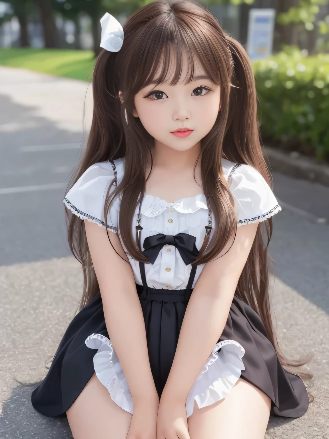 (Highest Quality)、masterpiece、hyperrealism、Great highlights、(Princess)、 features a woman with sex appeal、The Girl Is Seductive、 Glossy Brown Hair 、Middle Twin Tail、cute、lips、Street Fashion、Panchira、Chubby Glowing Thighs、Open your legs and look embarrassed、amazing beauty、 Taken with X-T4,85mm,blurry background,