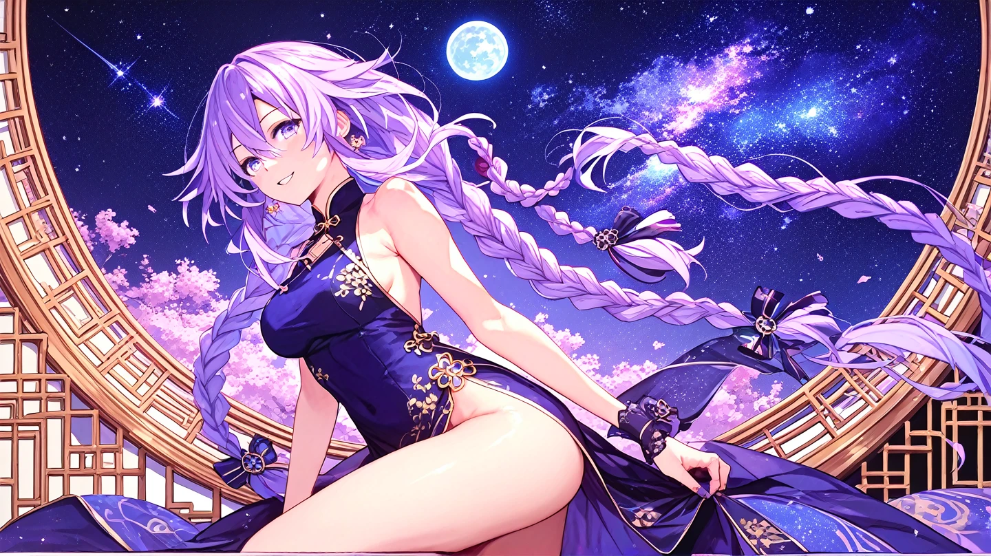 ((Highest、Highest品質)) ((((masterpiece))), (((Highest品質))), (((Ultra fine))), (very delicate and beautiful)), (girl with impressive eyes), cinematic light, (((The purple glass shatters and shines brightly))), , ((huge moon)),,Cute kimono、Gradation